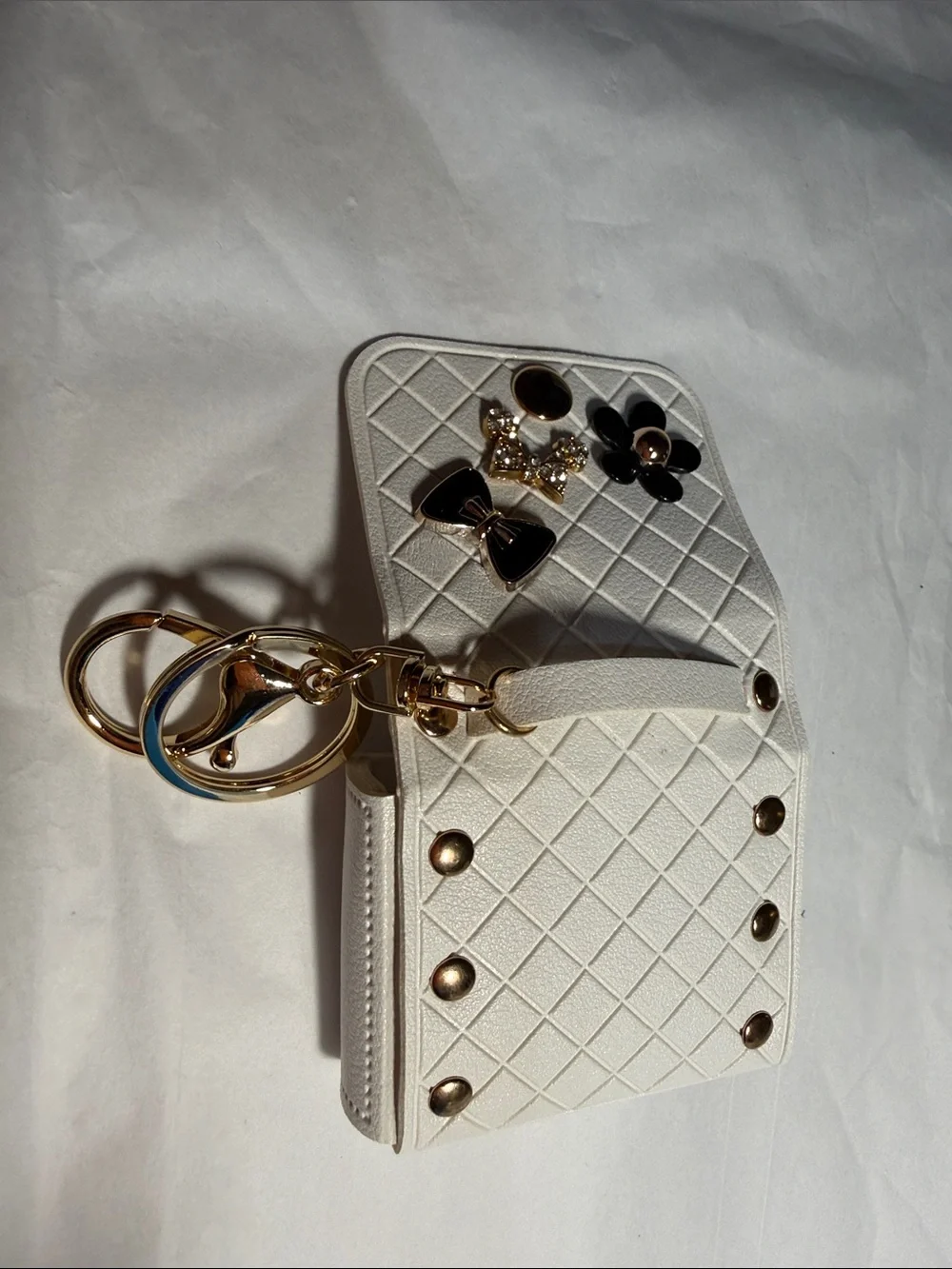 White Quilted Keychain & AirPod holder Gold Tone Hardware and Decorative Charms